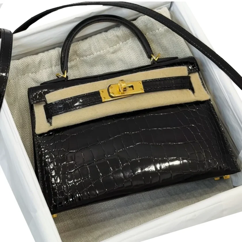 Hermes Mini Kelly Sellier 20 Black Shiny Alligator Gold Hardware new