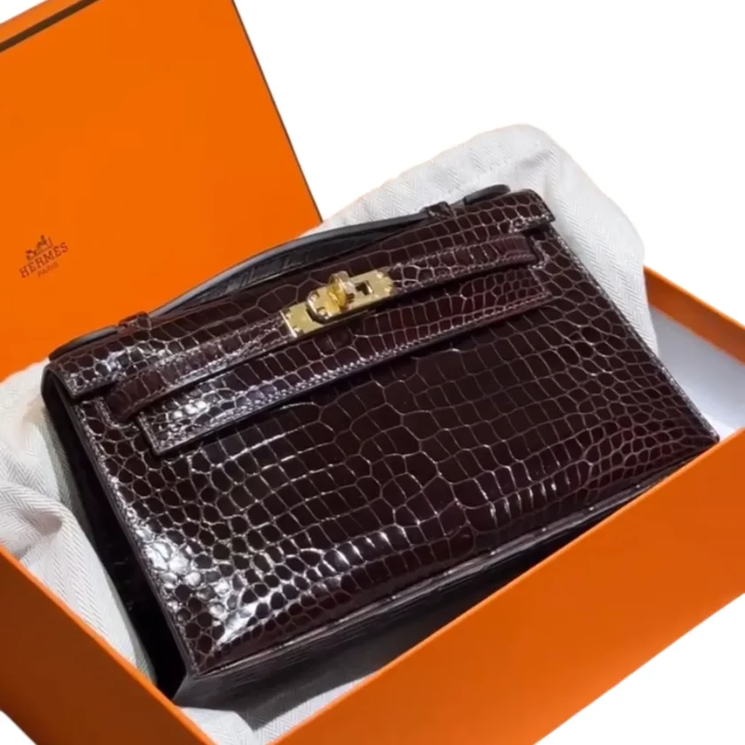 Hermes Pochette Kelly Havane Shiny Alligator leather Gold Hardware