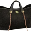 New Chanel Maxi Shopping Bag Quilted Dark Grey Wool Gold tone Metal front