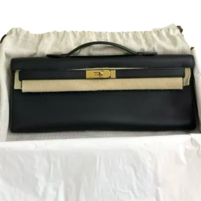 New Hermes Kelly Cut Clutch Bag Black Swift Leather Gold Hardware