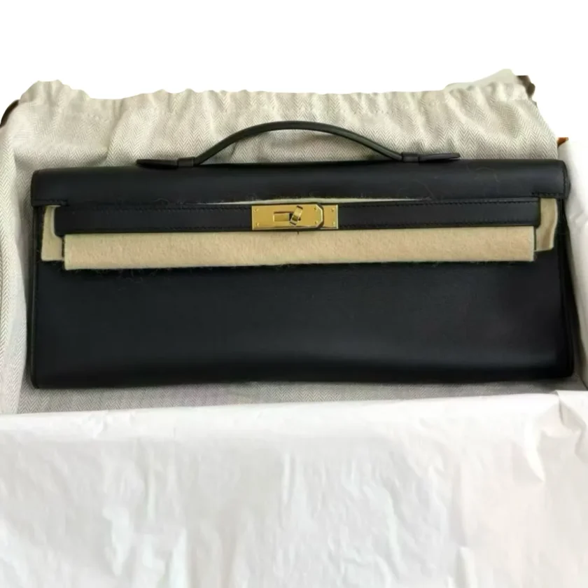 New Hermes Kelly Cut Clutch Bag Black Swift Leather Gold Hardware