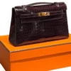 New Hermes Kelly Pochette Havane Shiny Alligator Leather Gold Hardware