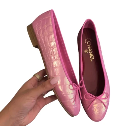 2026 Chanel Ballet Flats Pink Iridescent Crocodile Embossed Leather 39 FR