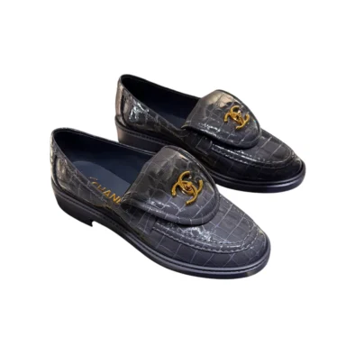 2026 Chanel Dark Grey Crocodile Embossed Patent Calfskin Loafers G45474