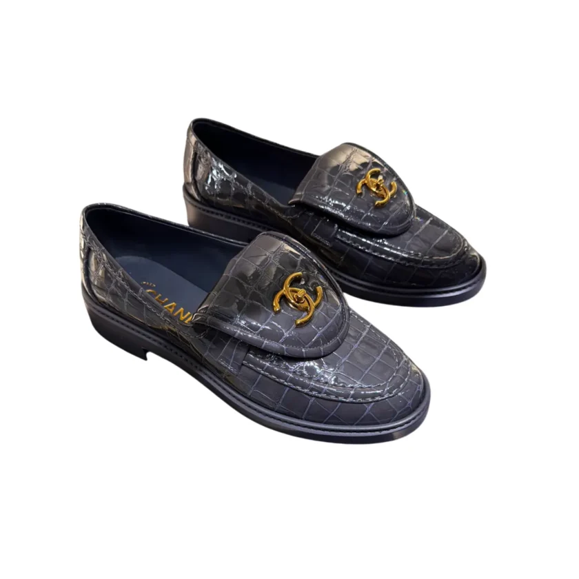 2026 Chanel Dark Grey Crocodile Embossed Patent Calfskin Loafers G45474
