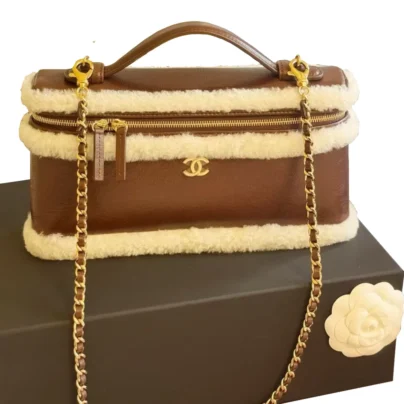 2026 Chanel Top Handle Long Vanity Case with Chain Dark Brown Calfskin Ecru Shearling Gold Hardware