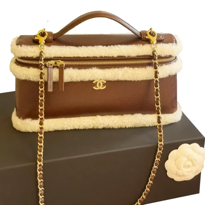 2026 Chanel Top Handle Long Vanity Case with Chain Dark Brown Calfskin Ecru Shearling Gold Hardware