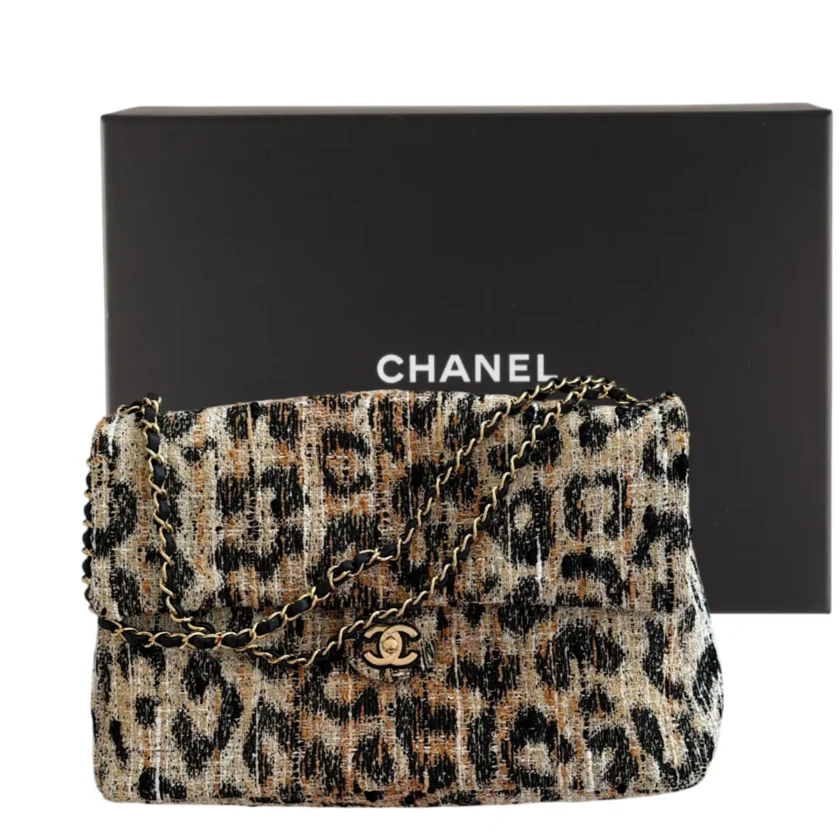 2026 Metiers D'art Chanel Maxi Flap Bag Leopard Print Tweed Brown Black Mixed Fibers
