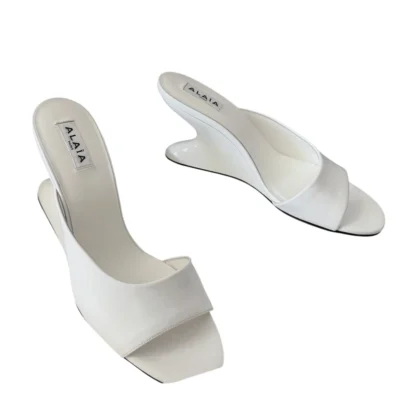 Alaïa Curve 75 Wedge Mule Sandals White Patent Leather