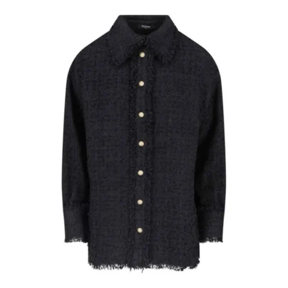 Balmain Fringed Cotton-Blend Tweed Shirt Jacket in Black