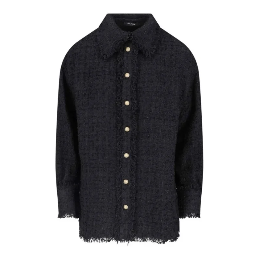 Balmain Fringed Cotton Blend Tweed Shirt Jacket in Black