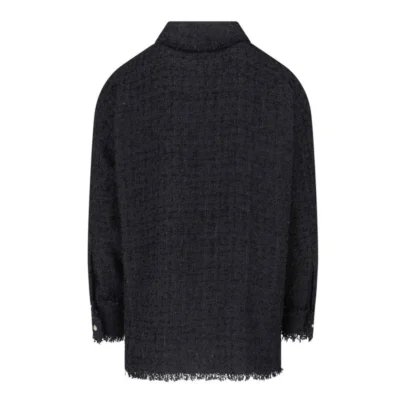 Balmain Fringed Cotton Blend Tweed Shirt Jacket in Black back