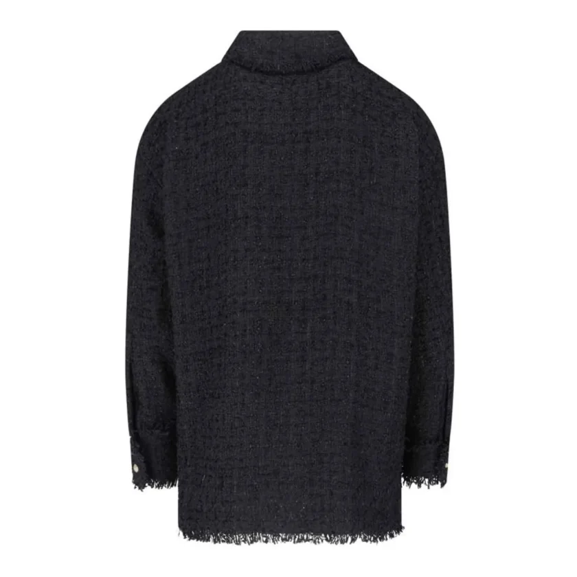 Balmain Fringed Cotton Blend Tweed Shirt Jacket in Black back
