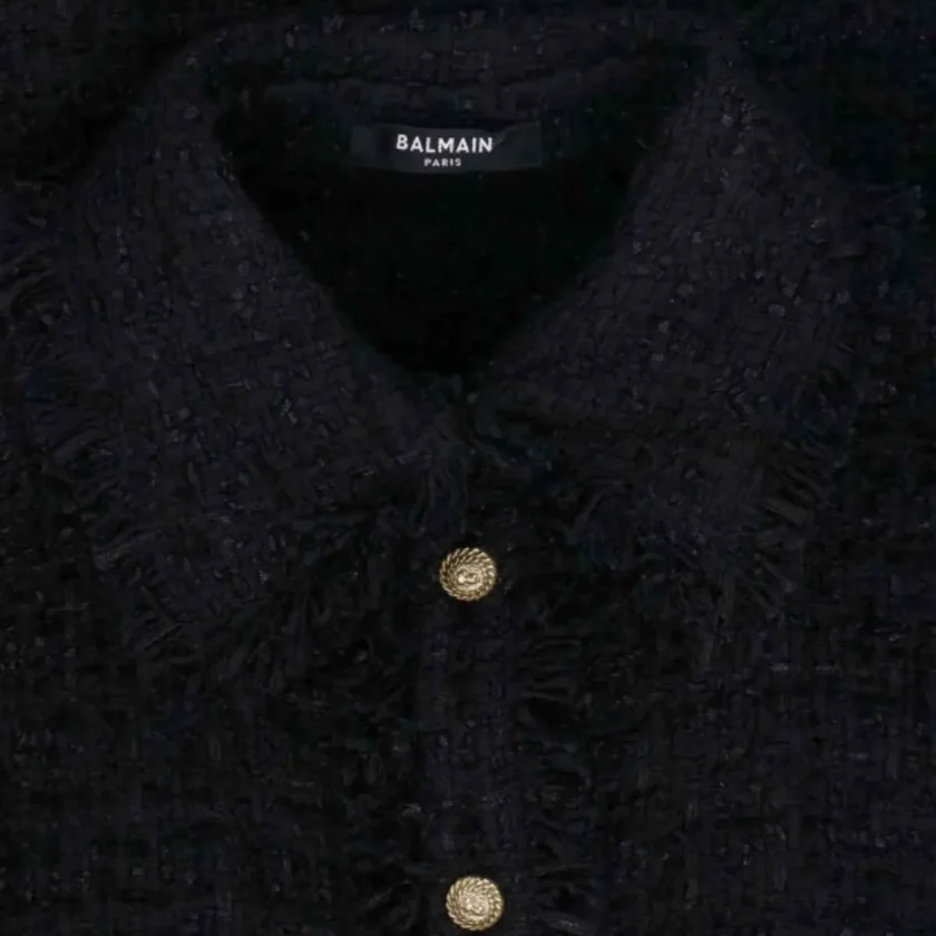 Balmain Fringed Cotton Blend Tweed Shirt Jacket in Black detail