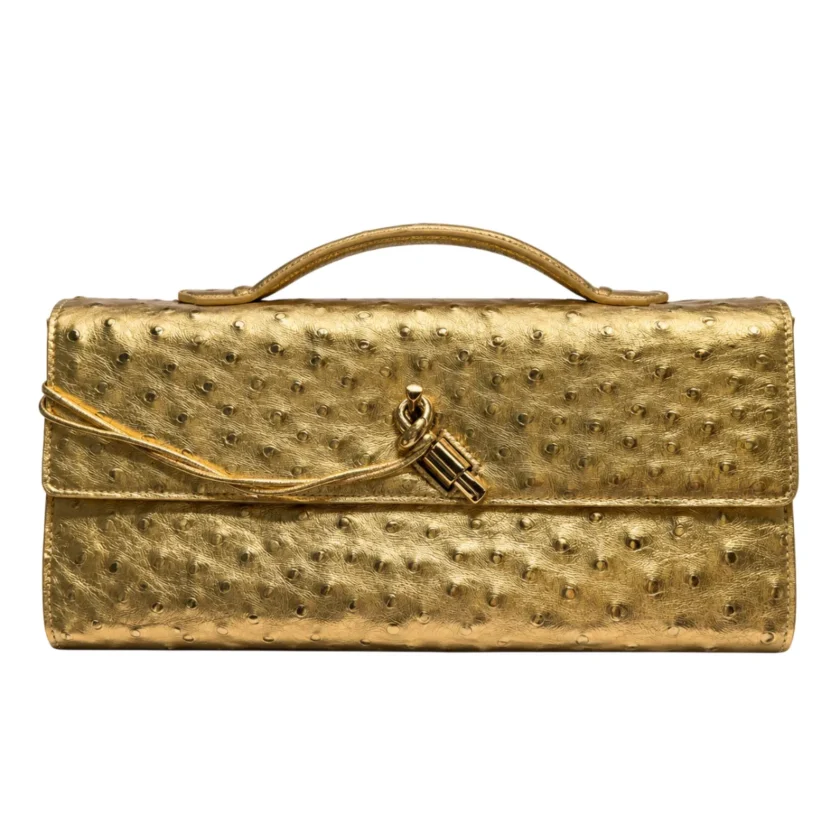 Bottega Veneta Andiamo Clutch in Metallic Gold Ostrich Leather