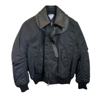 Bottega Veneta Intrecciato Collar Blouson Bomber Jacket in black nylon