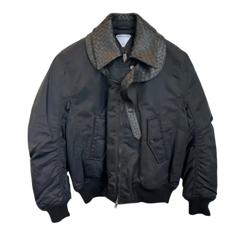 Bottega Veneta Intrecciato Collar Blouson Bomber Jacket in black nylon