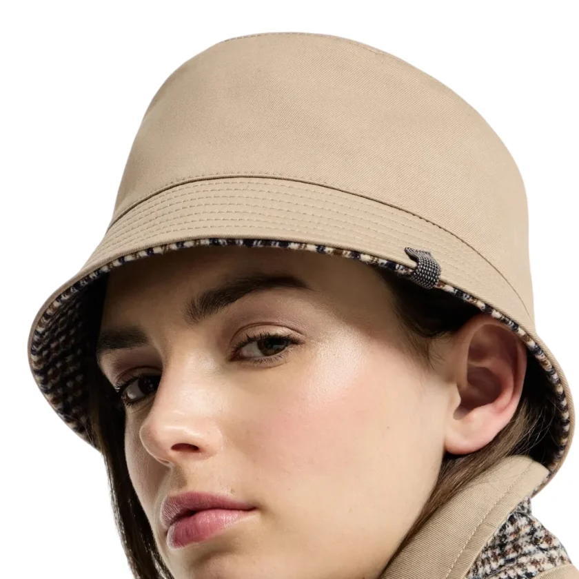 Brunello Cucinelli Reversible Monili Bucket Hat Beige Plaid closeup