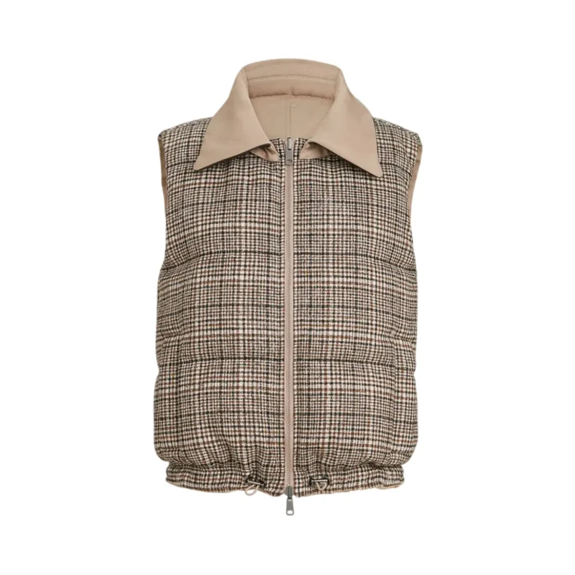 Brunello Cucinelli Reversible Monili Down Vest with Leather Collar Camel Brown