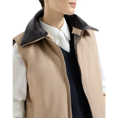 Brunello Cucinelli Reversible Monili Down Vest with Leather Collar Camel Brown front