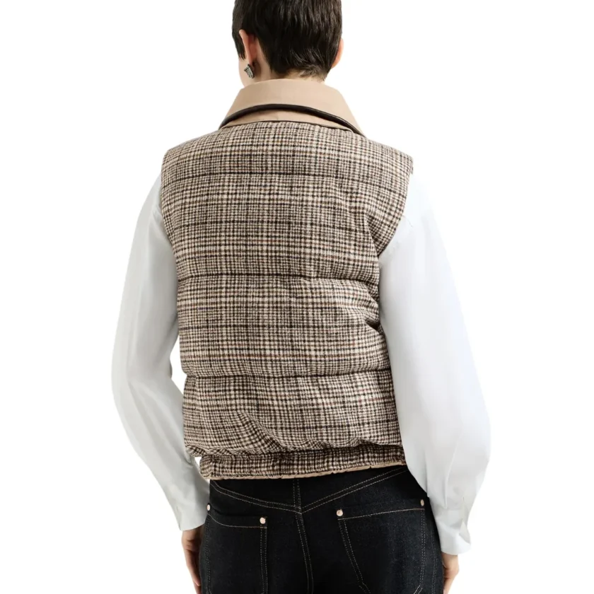 Brunello Cucinelli Reversible Monili Down Vest with Leather Collar Camel Brown reverse back