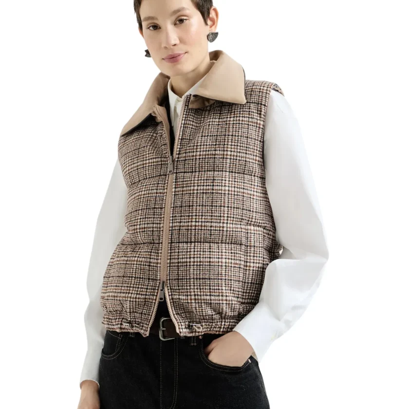 Brunello Cucinelli Reversible Monili Down Vest with Leather Collar Camel Brown reverse front