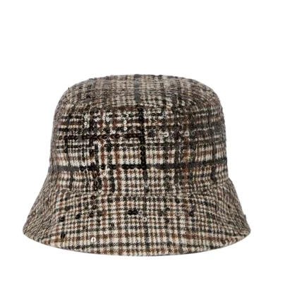Brunello Cucinelli Sequin Checked Wool Bucket Hat Brown Plaid