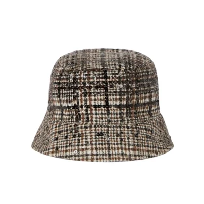 Brunello Cucinelli Sequin Checked Wool Bucket Hat Brown Plaid back