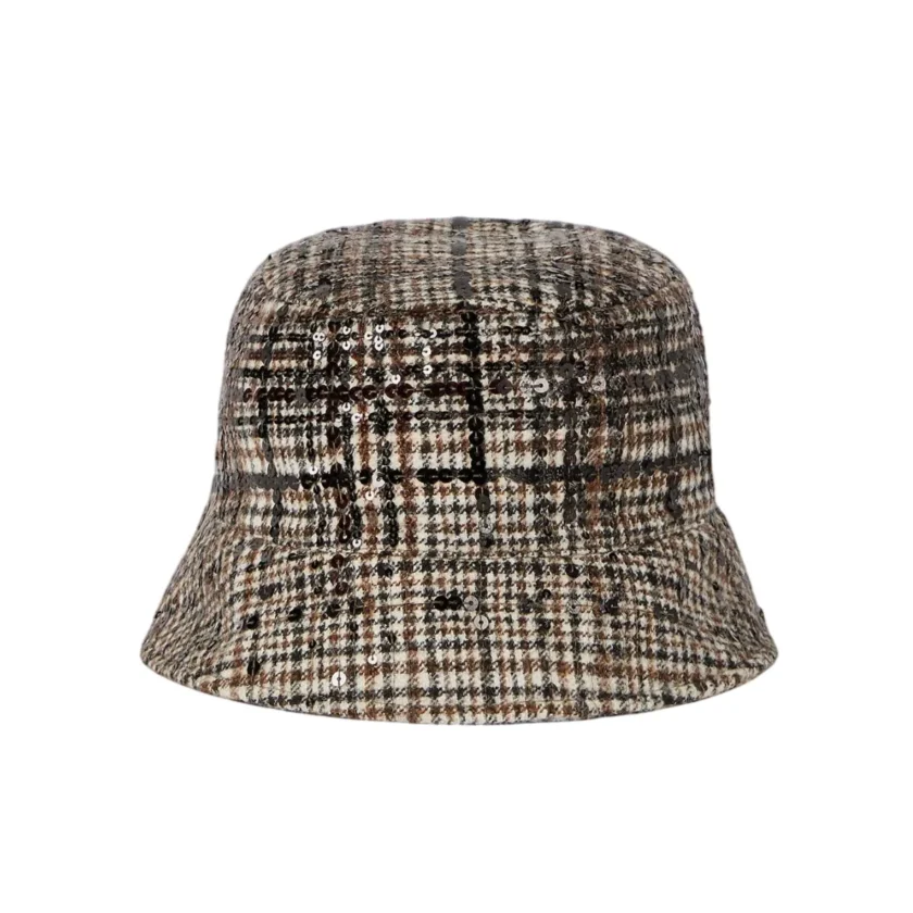 Brunello Cucinelli Sequin Checked Wool Bucket Hat Brown Plaid back