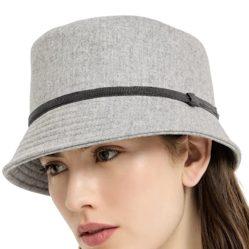 Brunello Cucinelli Wool Cashmere Flannel Monili Light Grey Bucket Hat closeup