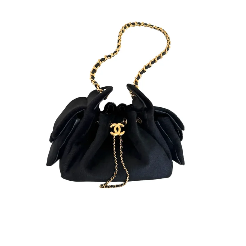 Chanel 25 Mini Hobo Handbag Black Pony Hair Lambskin Gold Hardware