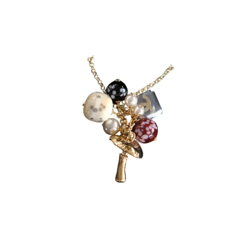 Chanel 26K Mushroom Pendant Necklace Gold Tone CC Logo Charm with Pearl & Resin Beads