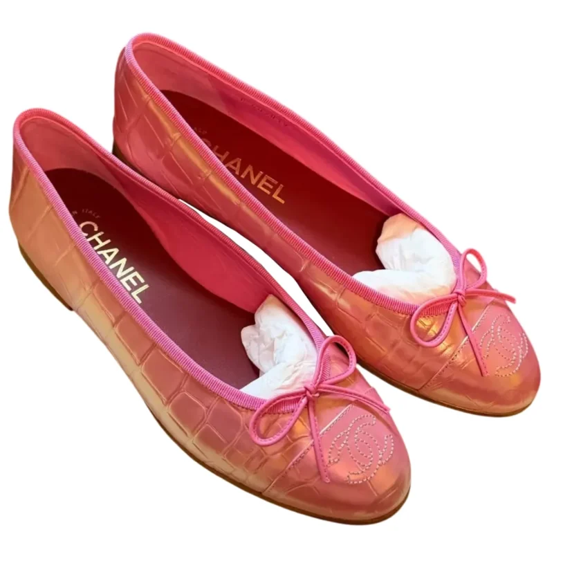 Chanel Ballet Flats Pink Iridescent Crocodile Embossed Leather Ballerina Shoes Size 41 FR