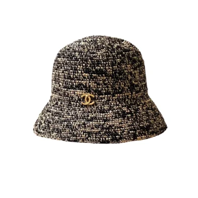 Chanel Cloche Hat Beige Black Raffia Metal