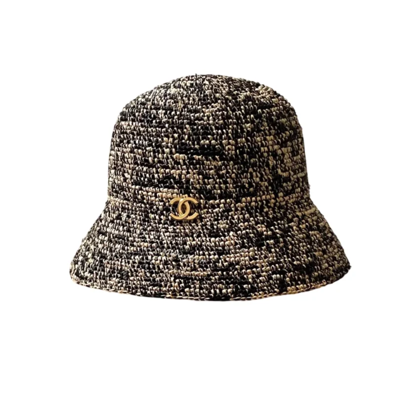 Chanel Cloche Hat Beige Black Raffia Metal