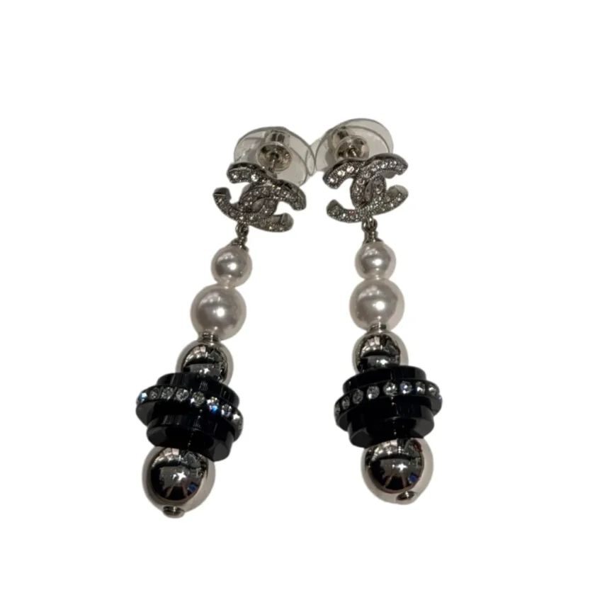 Chanel Crystal CC Pearl & Black Resin Ball Pendant Drop Earrings Silver ABI230