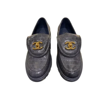 Chanel Dark Grey Crocodile Embossed Patent Calfskin Loafers G45474