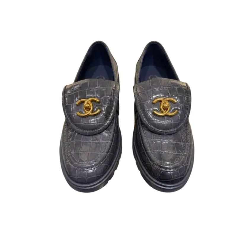 Chanel Dark Grey Crocodile Embossed Patent Calfskin Loafers G45474