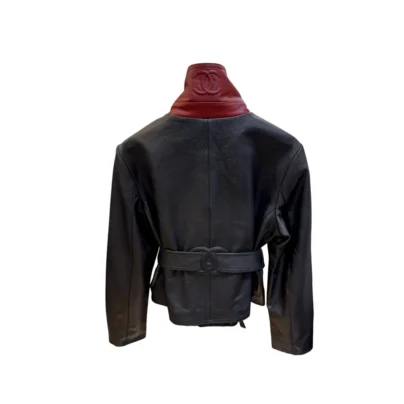 Chanel Fall-Winter 2026 Black Lambskin Leather Jacket Burgundy Collar Size 38 FR