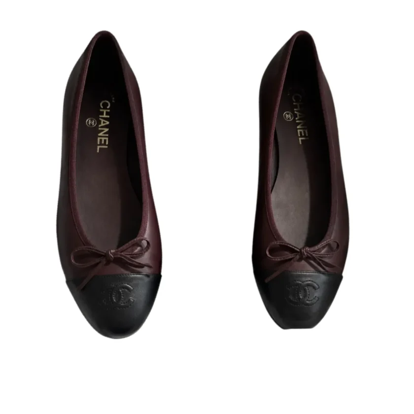 Chanel Lambskin Cap Toe CC Ballerina Flats Burgundy Black 39 FR