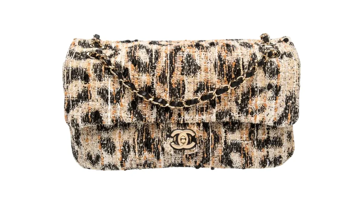 Chanel Maxi Flap Souplissimo Leopard Print Tweed Brown Black Mixed