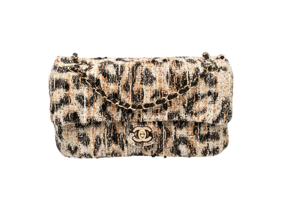 Chanel Maxi Flap Souplissimo Leopard Print Tweed Brown Black Mixed