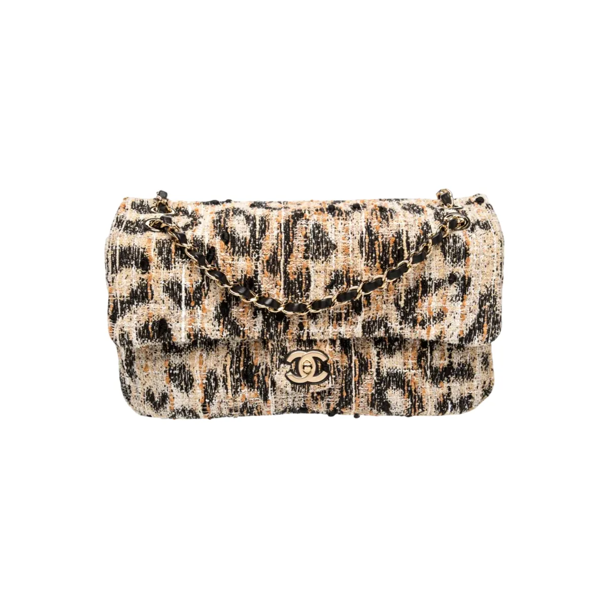Chanel Maxi Flap Souplissimo Leopard Print Tweed Brown Black Mixed