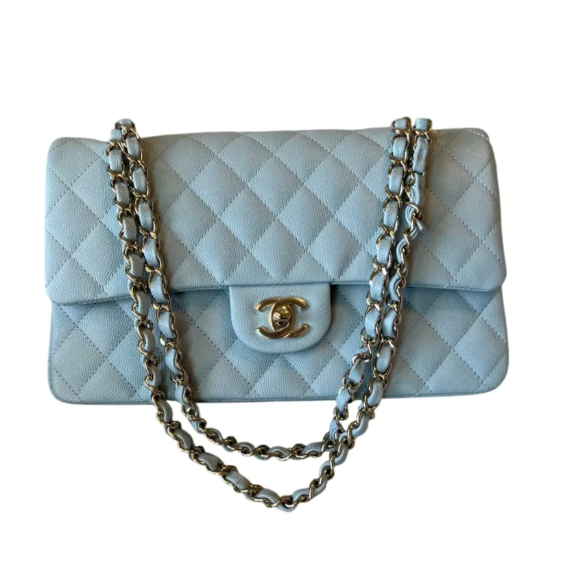 Chanel Medium Classic Flap Light Blue Caviar Leather Light Gold tone Hardware