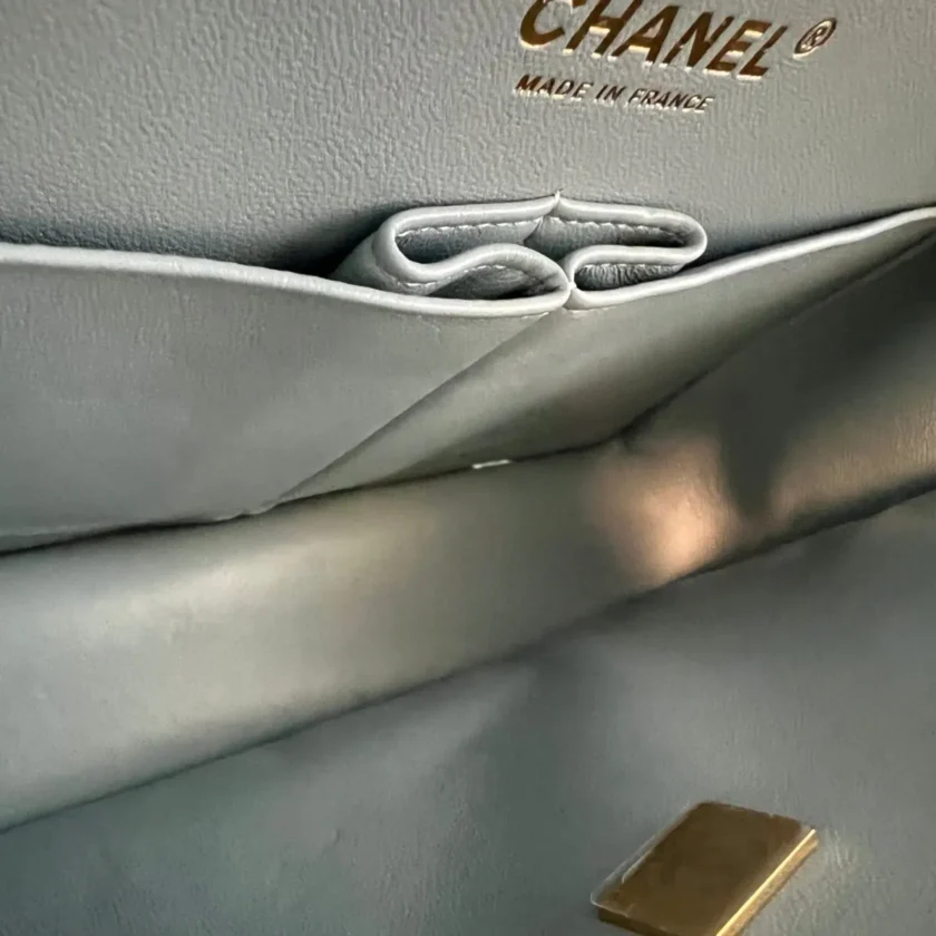 Chanel Medium Classic Flap Light Blue Caviar Leather Light Gold tone Hardware interior