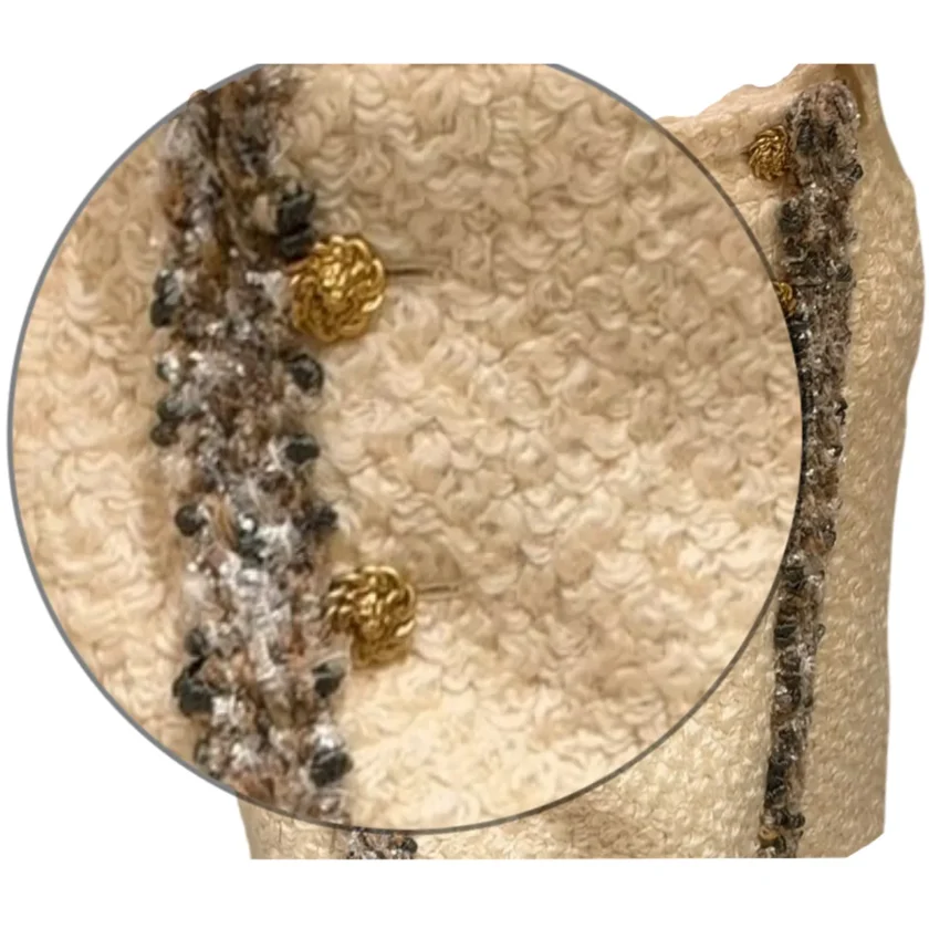 Chanel Off White Wool Skirt with Hand Embroidered Braiding and Jewelled Buttons detail