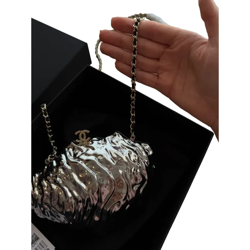 Chanel Oyster Minaudiere Silver Evening Bag Metiers D'Art 2026 Silver tone metal and gold tone metal