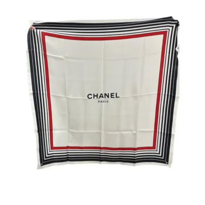 Chanel Paris Silk Square Scarf White Cream Black Red Striped Border