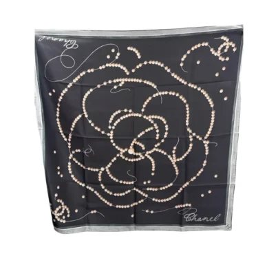 Chanel Pearl Camellia Black Silk Twill Square Scarf