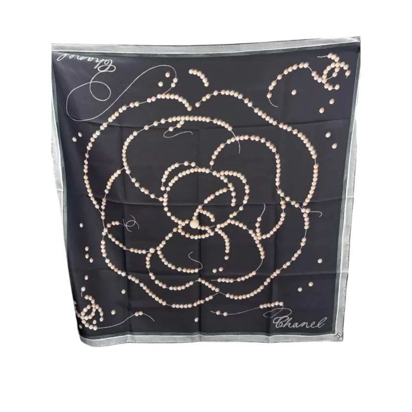 Chanel Pearl Camellia Black Silk Twill Square Scarf